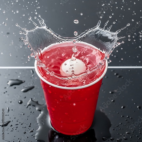 A white ping pong ball makes a dramatic splash as it falls into a red solo cup. pong splash