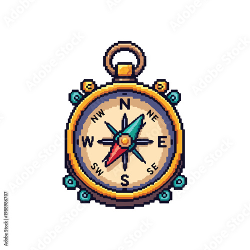 A stylized pixel art compass with a golden frame and teal gems points north against a clean white background, showcasing retro game aesthetics.