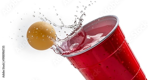 Action shot of a yellow ping pong ball landing in a red solo cup with a large splash. pong splash