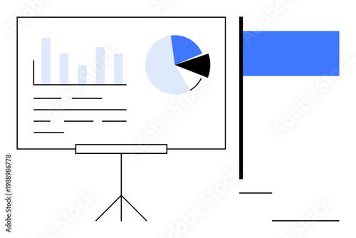 Business planning, data analysis, strategy development, marketing, corporate presentations, finance reporting. Flip chart displaying bar chart, pie chart and data. Business planning and data