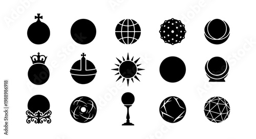 Minimalist black sphere icons set, 15 abstract circular vector symbols, geometric globe and celestial orb silhouettes for logo design and branding