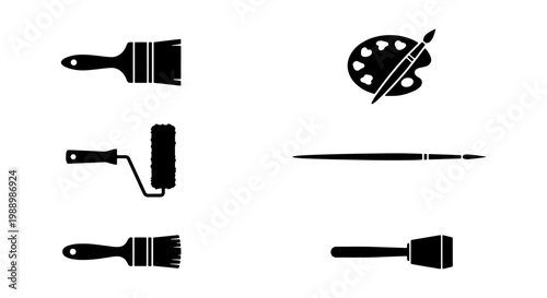 Painting tools icon set, black silhouette paint brushes and roller vector, artistic palette and decorator equipment for home renovation and art