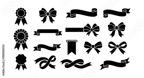 Vintage black ribbon and bow vector set, decorative award rosettes and banner silhouettes, 15 elegant gift wrapping and celebration elements