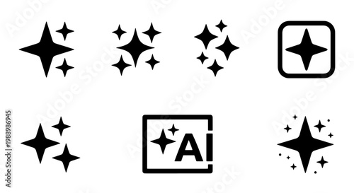 Sparkle star icon set with AI generation symbols, black magic twinkle vector elements, minimalist shining glitter effect for artificial intelligence