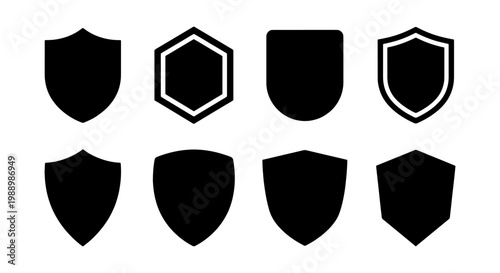 Minimalist shield icons set, black security badges and heraldic crest silhouettes, 8 vector protection symbols for logo design and web safety