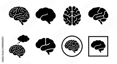 Human brain icon set, black silhouette anatomy symbols, medical neurology vector graphics, mental health and intelligence signs for infographics
