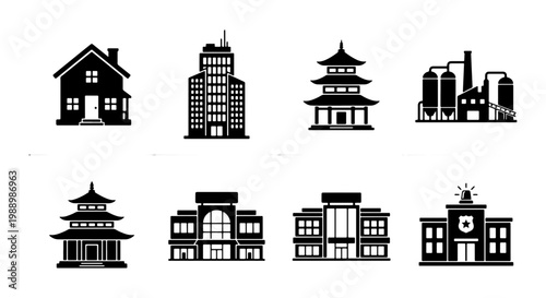 Minimalist building icons set, black silhouette architecture symbols, collection of 8 vector house and skyscraper shapes for urban planning and maps