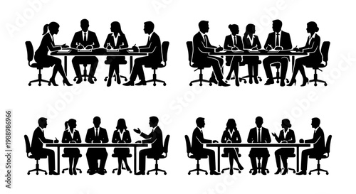 Business meeting silhouettes set, professional corporate team sitting at conference table, office workers group discussion vector collection