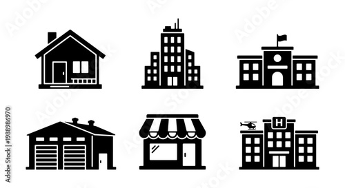 Minimalist building icon set, black silhouette real estate symbols, collection of 6 vector architecture icons for urban planning and maps