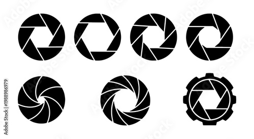 Camera shutter aperture icon set, black lens diaphragm vector symbols, 7 photography shutter speed elements for logo design and ui