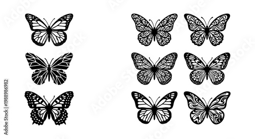 Black butterfly silhouettes set, 9 decorative insect vector icons, elegant butterfly wing patterns for laser cutting and vinyl decals