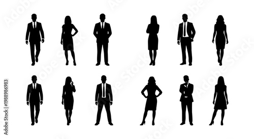 Professional business people silhouettes set, corporate men and women in formal suits, office staff and executive team vector collection
