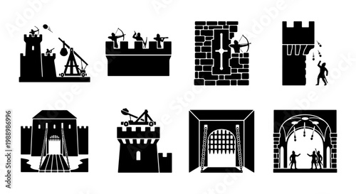 Medieval castle siege icons, 8 black vector silhouettes of fortress defense and warfare, ancient battle scenes with trebuchet and archers