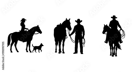 Western cowboy silhouette set, horse rider and rancher black vector icons, wild west equestrian figures with lasso and dog on white background