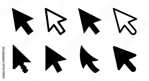 Computer mouse cursor icon set, black and white arrow pointer collection, 8 digital interface navigation symbols, pixelated and smooth vector graphics