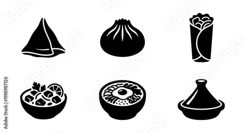 Global cuisine food icons set, black solid vector silhouettes of samosa, dumpling, shawarma, curry bowl, bibimbap, and tagine, international street food graphics
