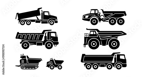 Heavy construction dump truck icons, set of 6 industrial tipper vehicle silhouettes, mining and quarry machinery vector illustrations for logistics