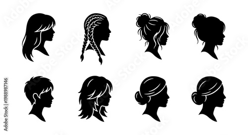Woman hairstyle silhouette collection, set of 8 female profile head icons, diverse hair salon styling and beauty fashion vector illustrations