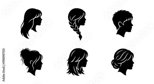 Minimalist female hair silhouette set, collection of 6 woman hairstyle profile icons, black vector head shapes for beauty salon branding and fashion design