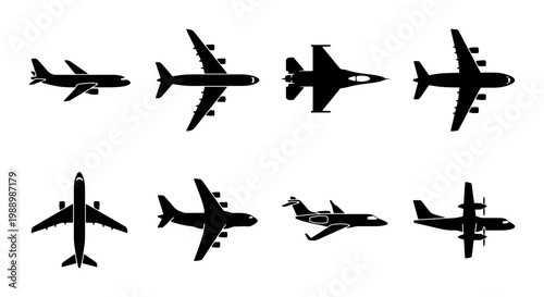 Airplane silhouette vector set, 8 black aircraft icons including passenger jets and military fighter planes, aviation transport symbols for travel design