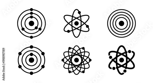 Minimalist atom icon set, 6 scientific atomic structure symbols, black line vector illustrations of molecular orbits and nucleus for physics education