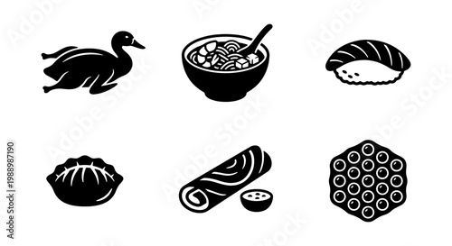 Asian food icons set, black and white vector illustrations of Peking duck, ramen bowl, sushi nigiri, dumpling, spring roll, and dim sum