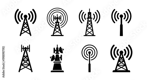 Telecommunication tower icons set, radio antenna and signal transmitter vector collection, wireless communication masts and satellite dish symbols