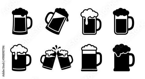 Minimalist beer mug icons set, black silhouette ale glass collection, 8 vector brewery symbols with foam, pub and bar menu graphic elements