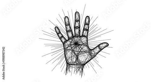 A hand with palmistry lines and sunburst.