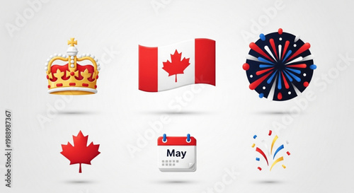 Canadian independence day icons with crown flag fireworks and calendar in may