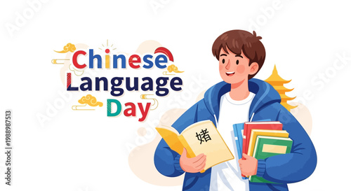 An enthusiastic student celebrates Chinese Language Day, holding books with Chinese characters against a clean white background, depicted in a bright vector illustration with cheerful