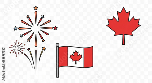 Canadian independence day celebration elements with flag fireworks and maple leaf on transparent background