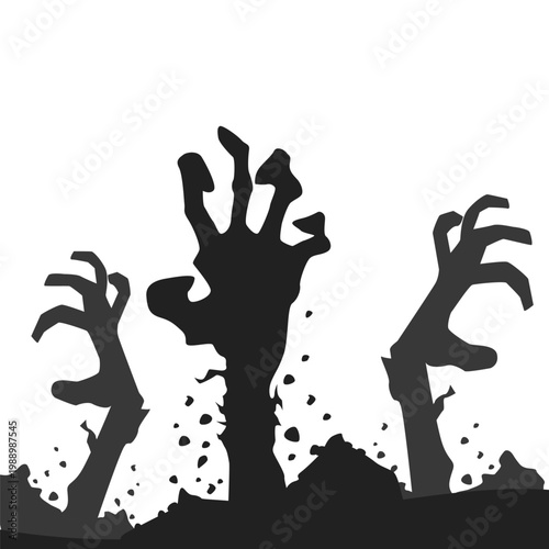 Creepy zombie hands rising from the grave, a terrifying silhouette illustration for Halloween horror concepts.