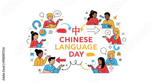 Celebrating Chinese Language Day, a vector illustration shows diverse people communicating around a central design featuring Chinese characters, using speech bubbles and flowing arrows