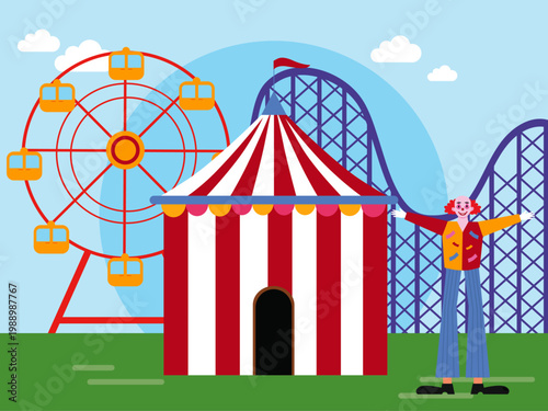 A scene of an amusement park or carnival with a large striped circus tent in the center and a clown welcoming visitors with open arms. Circus illustrations. Flat vector concepts.