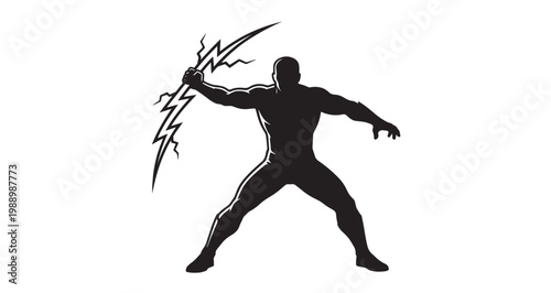 Lightning Tamer Silhouette, Powerful superhero silhouette holding a jagged electric lightning bolt in a dynamic action pose represented as a clean black and white vector graphic design.