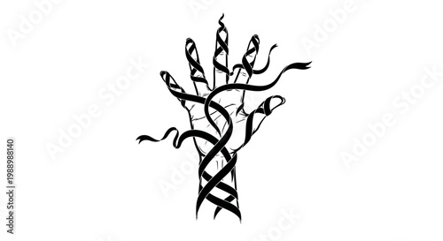 Intricate black line art hand sculpture.