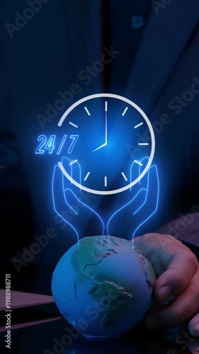Customer service concept. Nonstop service 24 hrs. for worldwide nonstop and full-time available contact of service. Businessman showing global with animation of hand holding virtual 24-7 with clock.