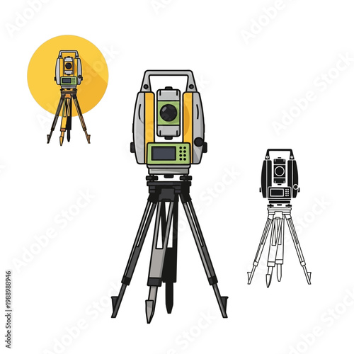 Three theodolites on tripods for surveying and construction on white background