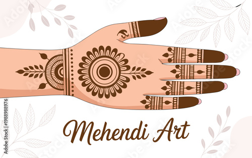 Intricate Mehendi Art on Hand with Floral Design. Intricate Henna Design on Hand with Floral Motif. Beautiful Hand with Henna Tattoo Art and Nature Elements.