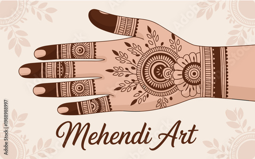 Intricate Mehendi Art on Hand with Floral Design. Intricate Henna Design on Hand with Floral Motif. Beautiful Hand with Henna Tattoo Art and Nature Elements.