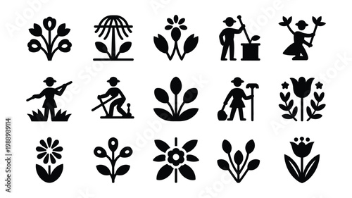 Black and white vector illustration pack featuring gardening plants and floral silhouettes with farmers and tools