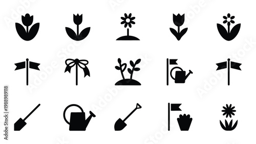 Black and white vector icons of gardening tools flowers and plants detailed symbols for horticulture and landscaping design projects