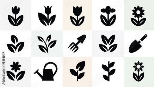 Black and white vector icons of gardening tools and flowers on a gradient background featuring watering cans shovels and sprouting plants