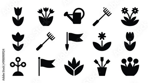 Black and white vector icons of gardening tools potted plants and flowers arranged in a minimalist grid layout