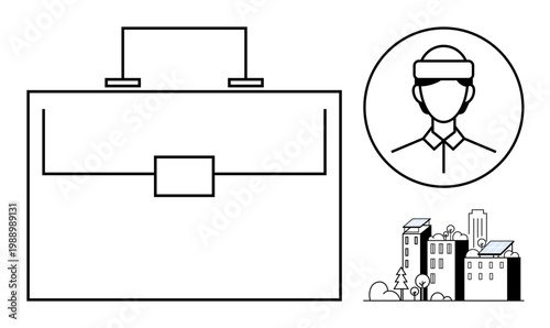 Business, urban planning, professional identity, career development, modern jobs, freelancing. Briefcase symbol, avatar in a circle and skyline of buildings. Business and professional identity