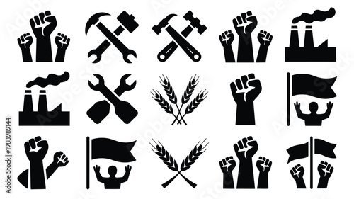 Symbolic raised fists hammers wrenches wheat and flags in bold black vector designs for solidarity and protest themes