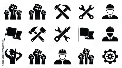 Black and white vector illustrations of raised fists tools and workers in hardhats symbolizing labor unity and construction