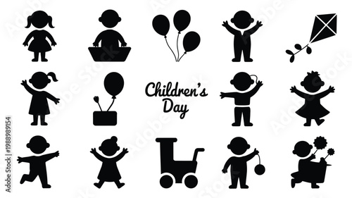 Playful flat design silhouettes of children celebrating with balloons kites toys and strollers on children's day black and white minimalist style