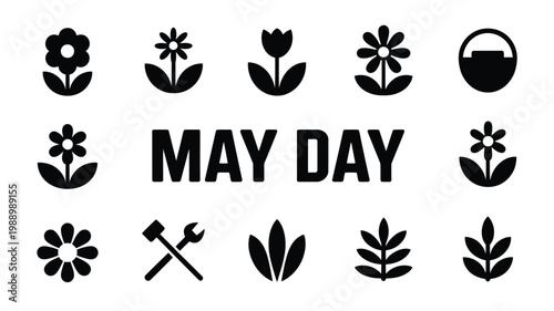 Minimalist may day icon pack featuring silhouettes of flowers tools and nature symbols in bold black and white design